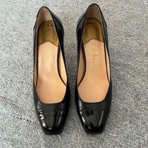 Cole Haan Black Leather Square-Toe Pumps with Patent Toe